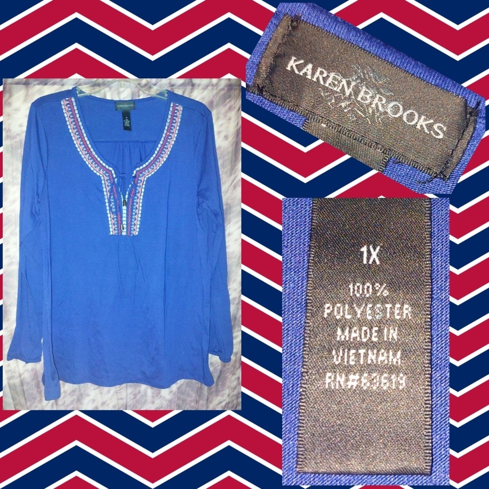 Karen Brooks brand Navy Blue w/Multicolor Embroidered Neckline Soft Knit Top 1X